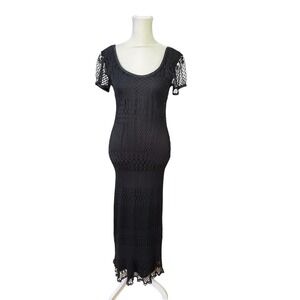 Vintage Breakin Loose Black Crochet Maxi Dress Short Sleeve Scoop Neck Size 7/8